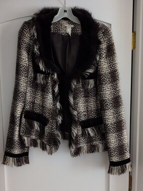 Cache Black Brown and White Tweed Jacket with Faux Fur Trim
